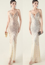 Women V Neck Wave Gradient Beaded Beaded Formal Party Evening Dress