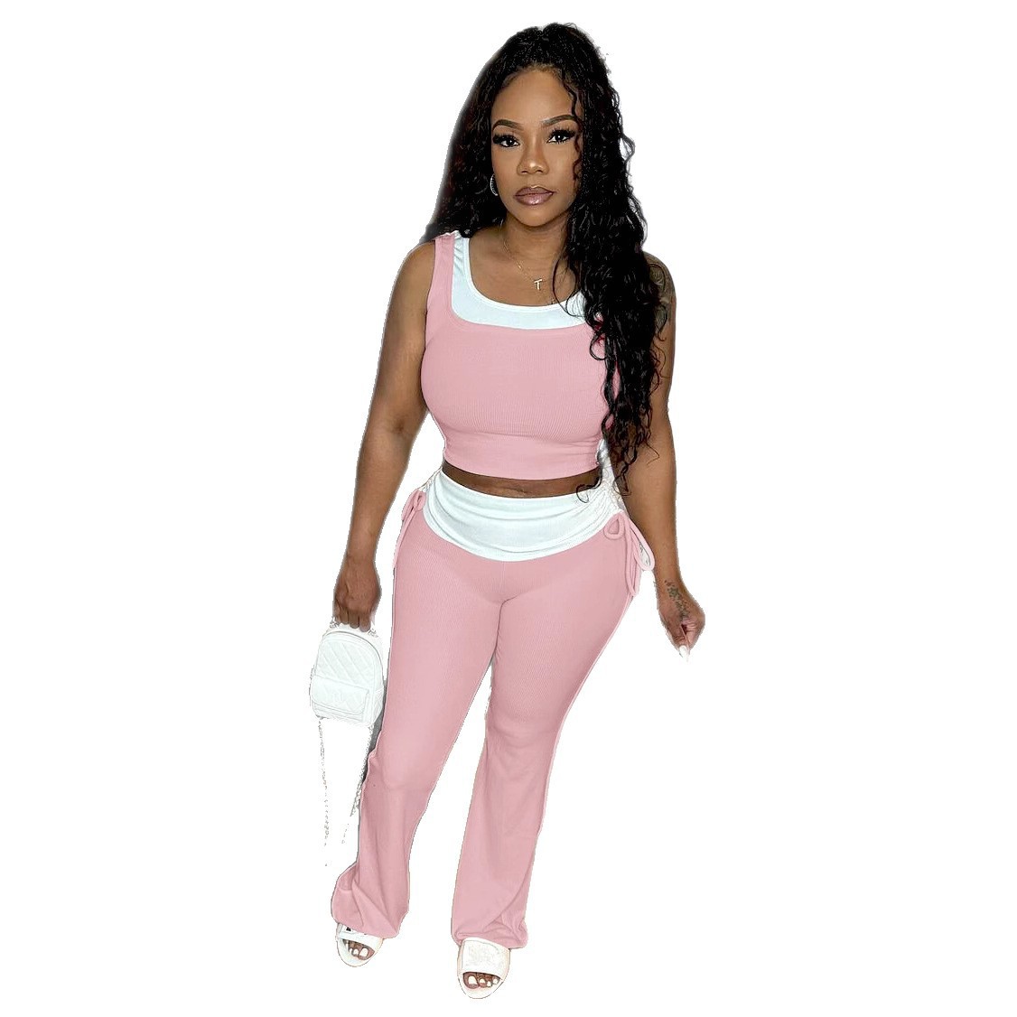 Women Casual Stretchy Patchwork Contrast Ribbed Sleeveless Tank Top and Pants Two-piece Set