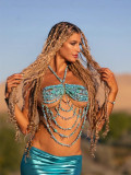 Women Hollow Bcakless Halter Neck Beaded Vest Blue Gem Body Chain
