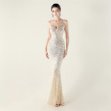 Plus Size Women V Neck Wave Gradient Beaded Beaded Formal Party Evening Dress