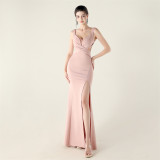 Women clothing cross pleated hollow mesh V Neck Formal Party evening dress
