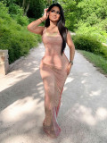 Women Summer Fishnet Rhinestone Sleeveless Dress