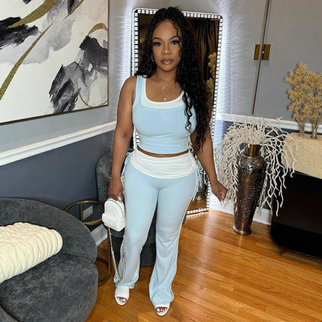 Women Casual Stretchy Patchwork Contrast Ribbed Sleeveless Tank Top and Pants Two-piece Set