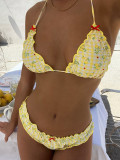 Women clothing Holidays sexy bikini summer lemon plaid Halter Neck sling briefs Two Pieces Swimwears