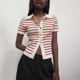 Autumn Winter Turndown Collar Slim Fit Striped Short Sleeve Women Knit Cardigan