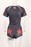 Women Sports Retro Letter Print Short Sleeve Top and Shorts Two-piece Set