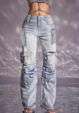 Fashionable Casual Multi-Pocket Patchwork Cargo Denim Pants