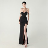 Women beaded fishbone Lace-Up pleated V Neck Formal Party sling evening dress