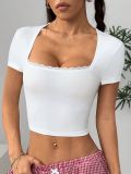 Women's Lace Patchwork Short Sleeve Crop Top Summer Slim Square Neck T-Shirt