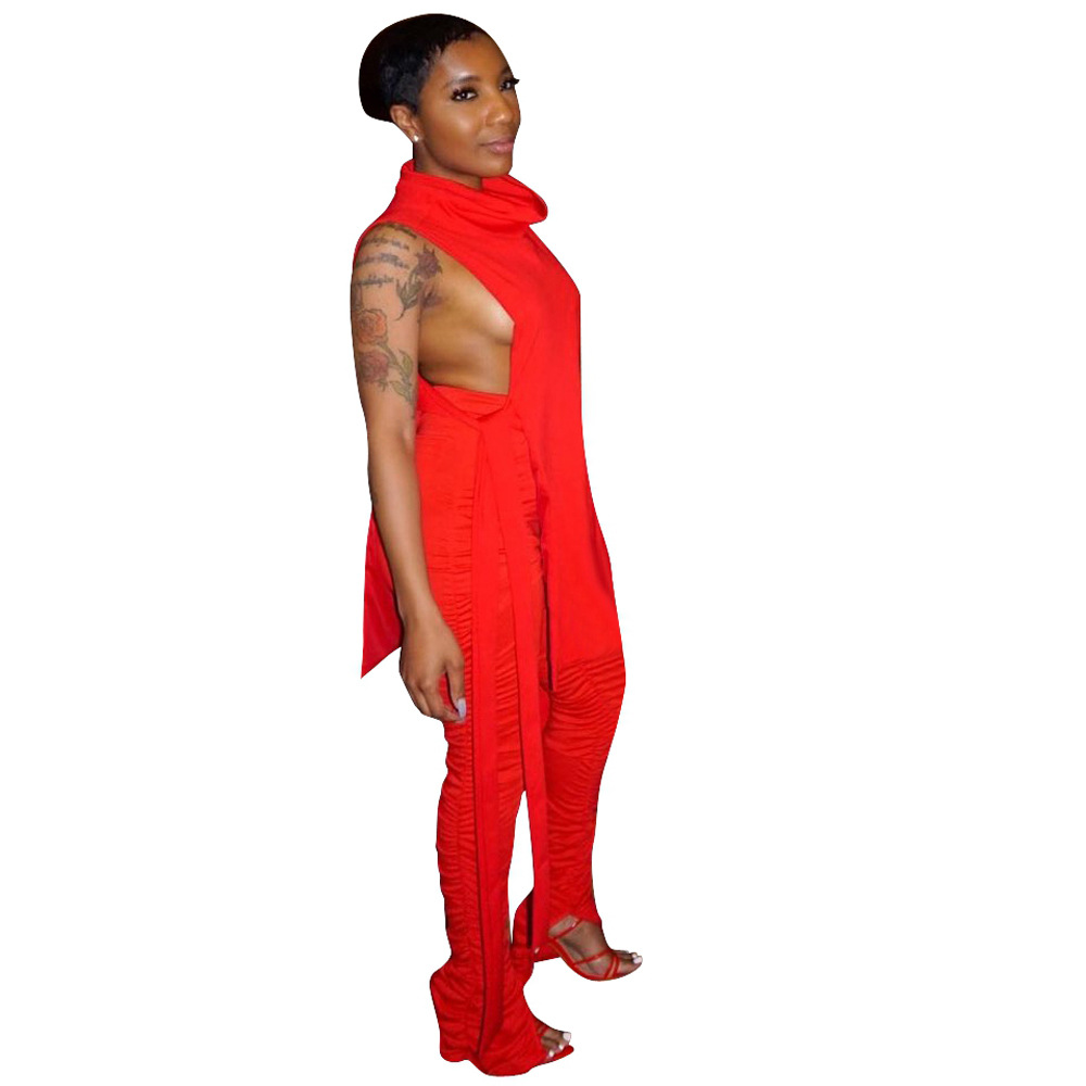 Women's Spring Summer Fashion Sexy Solid Side Lace-Up Two-Piece Pants Set