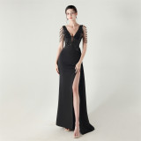 Women Beaded Tube Embroidery Beaded Fishbone Waist Formal Party Evening Dress