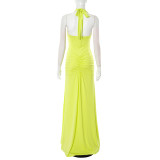 Women Elegant Halter Neck V-neck Bcakless Lace-up Gathered Maxi Dress