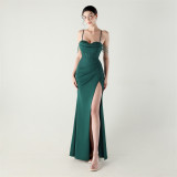 Women beaded fishbone Lace-Up pleated V Neck Formal Party sling evening dress