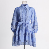 Women's Summer Chic Long Sleeve Hollow Belt Slim Waist Short Dress