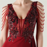 Women Beaded Tube Embroidery Beaded Fishbone Waist Formal Party Evening Dress