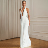 Women Elegant Halter Neck V-neck Bcakless Lace-up Gathered Maxi Dress