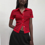 Autumn Winter Turndown Collar Slim Fit Striped Short Sleeve Women Knit Cardigan