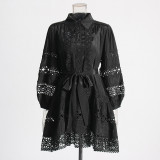 Women's Summer Chic Long Sleeve Hollow Belt Slim Waist Short Dress
