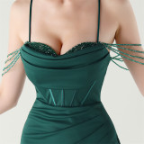Women beaded fishbone Lace-Up pleated V Neck Formal Party sling evening dress