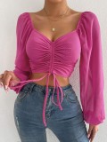 Summer V-Neck Chiffon Drawstring Lantern Sleeves Fashion Sexy Shirt