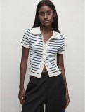 Autumn Winter Turndown Collar Slim Fit Striped Short Sleeve Women Knit Cardigan