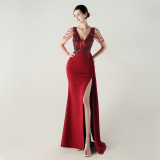 Women Beaded Tube Embroidery Beaded Fishbone Waist Formal Party Evening Dress