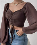 Summer V-Neck Chiffon Drawstring Lantern Sleeves Fashion Sexy Shirt
