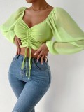Summer V-Neck Chiffon Drawstring Lantern Sleeves Fashion Sexy Shirt