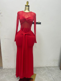 Women's Spring Solid Color Long Sleeve Round Neck Tight Fitting Long Dress
