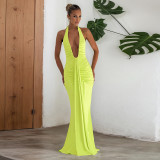 Women Elegant Halter Neck V-neck Bcakless Lace-up Gathered Maxi Dress