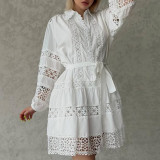 Women's Summer Chic Long Sleeve Hollow Belt Slim Waist Short Dress