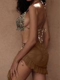 Women's Halter Neck Lace-Up Leopard Sexy Low Back Bikini Cover-Up Three-Piece Set