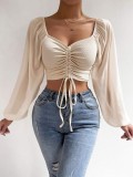 Summer V-Neck Chiffon Drawstring Lantern Sleeves Fashion Sexy Shirt