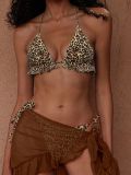 Women's Halter Neck Lace-Up Leopard Sexy Low Back Bikini Cover-Up Three-Piece Set