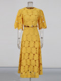 Women's Summer Elegant Embroidered Hollow Round Neck Top Fashion High Waist Skirt Two-Piece Set
