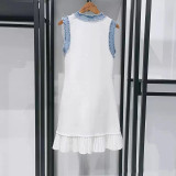 Women's Denim Trim Knit Short Sleeve Sleeveless Dress