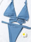 Women Solid Color Knotted Triangle Lace-up Bikini Two-Piece Swimsuit