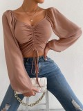 Summer V-Neck Chiffon Drawstring Lantern Sleeves Fashion Sexy Shirt