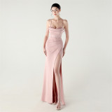 Women beaded fishbone Lace-Up pleated V Neck Formal Party sling evening dress