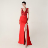 Women clothing fishbone fixed beaded tube embroidery V Neck Formal Party fishtail evening dress