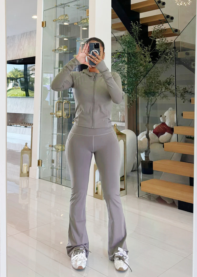 Women's Casual Gray High Stretch Hooded Zipper Top Slim Fit Trousers Sports Suit