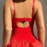 Women lace Patchwork Temptation Bodysuit T-Back Sexy Lingerie Two Piece Set