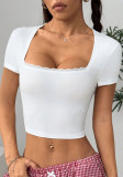 Women's Lace Patchwork Short Sleeve Crop Top Summer Slim Square Neck T-Shirt