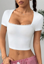 Women's Lace Patchwork Short Sleeve Crop Top Summer Slim Square Neck T-Shirt Women's Lace Patchwork Short Sleeve Crop Top Summer Slim Square Neck T-Shirt