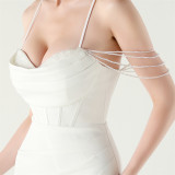 Women beaded fishbone Lace-Up pleated V Neck Formal Party sling evening dress