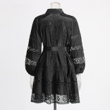 Women's Summer Chic Long Sleeve Hollow Belt Slim Waist Short Dress