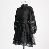Women's Summer Chic Long Sleeve Hollow Belt Slim Waist Short Dress