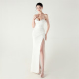 Women beaded fishbone Lace-Up pleated V Neck Formal Party sling evening dress