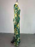 Women's Spring Print Hollow Neck Long-Sleeve High-Waist Slim Long Dress