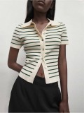 Autumn Winter Turndown Collar Slim Fit Striped Short Sleeve Women Knit Cardigan